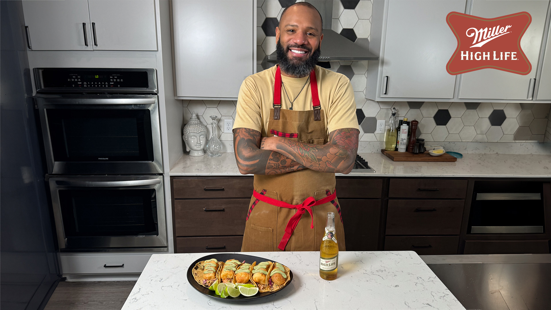 Justin Sutherland with recipe and Miller High Life Bottle